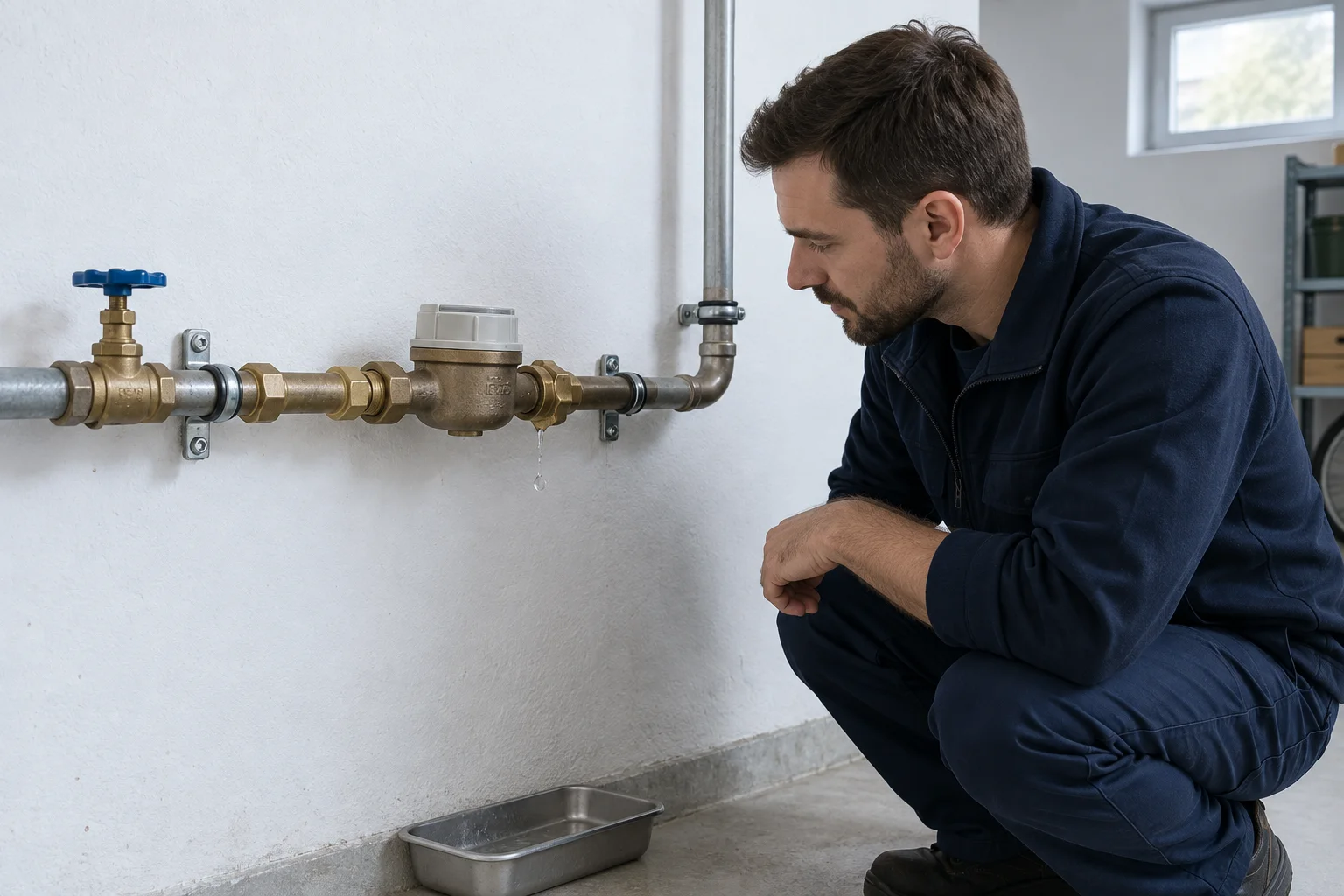 Sichtprüfung einer Wasserzählerverbindung im Keller
