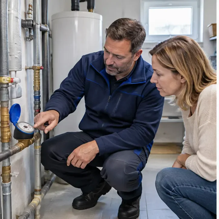 Techniker prüft Hausanschluss und Wasserzähler