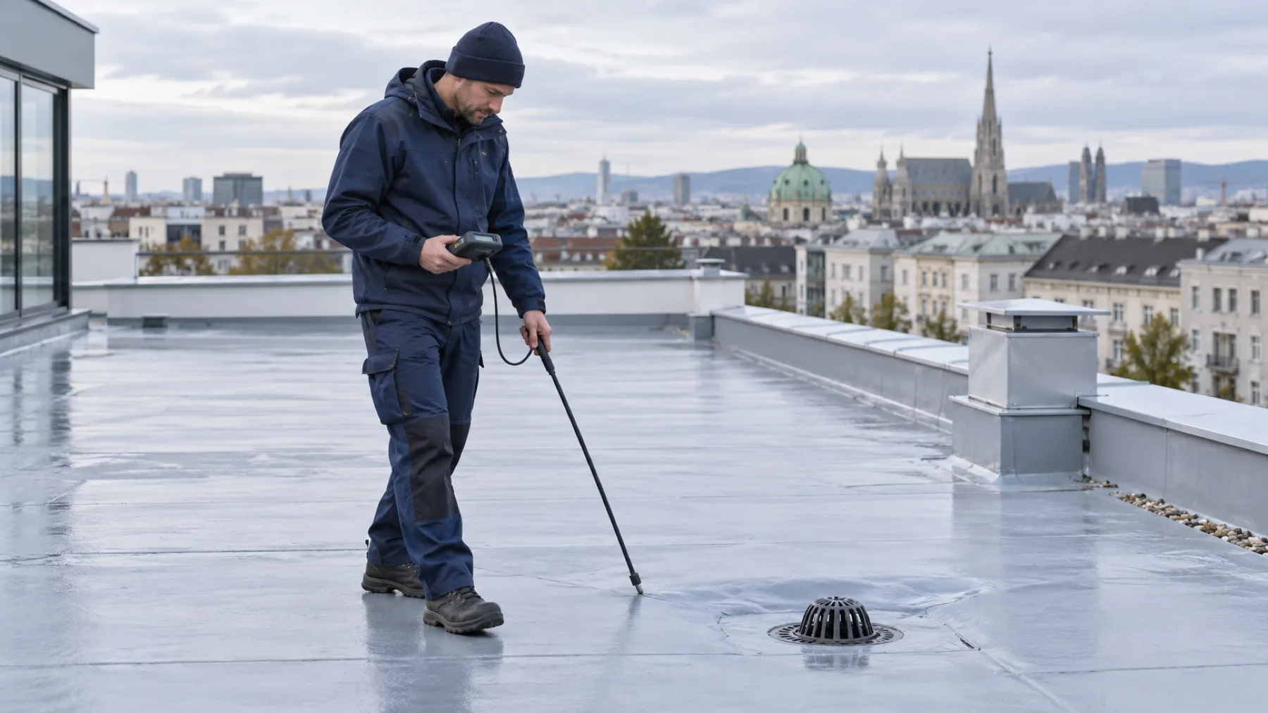 Techniker prüft ein Flachdach in Wien